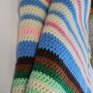 Handmade Cream, Blue & Pink Crocheted Lap Blanket. 34"W X 80" L